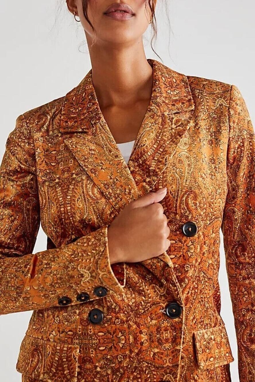 Free People Printed Cosmo Blazer Jacket Gold Velvet Paisley Boho XS Oversized